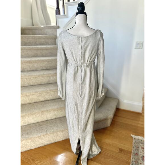 Vintage 1970s Metallic Silver Baby Doll Blouson Sleeve Maxi Hostess Dress - Picture 3 of 5